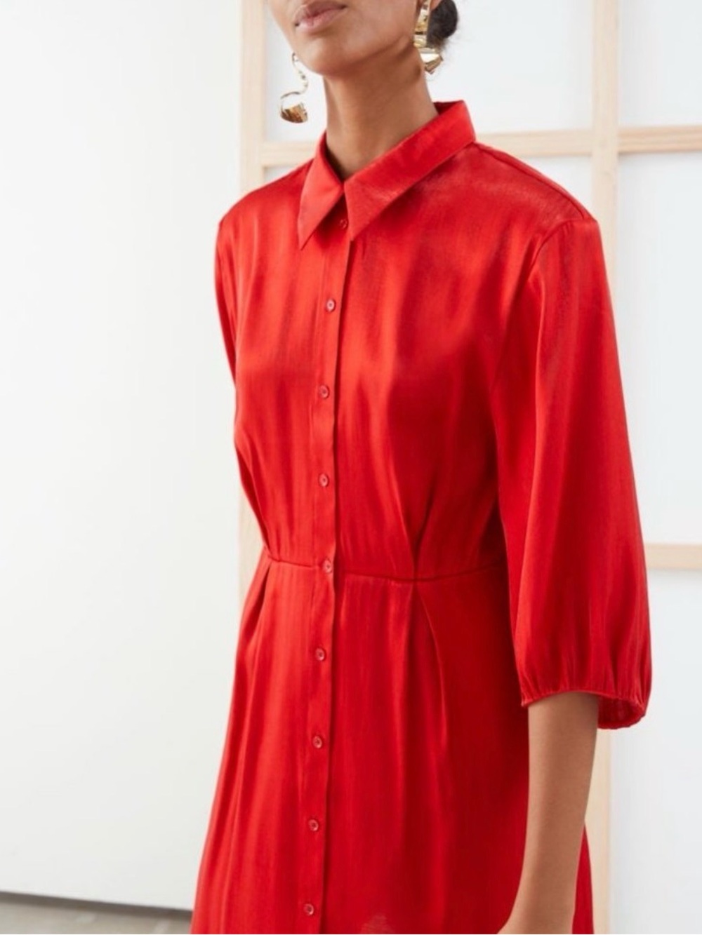 & Other Stories Stockholm Atelier Red Satin Shirt Dress EU 36 / US 4